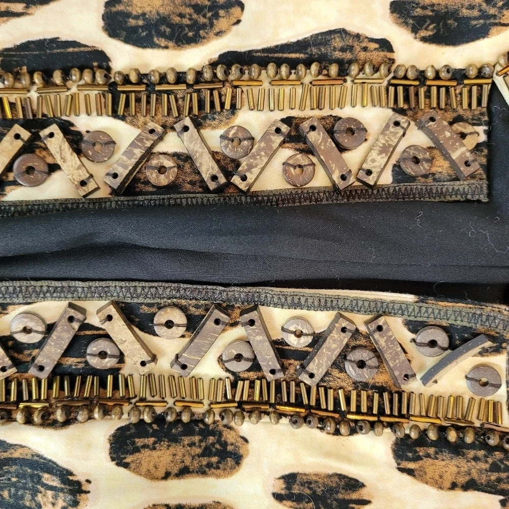 Chico's tribal print ivory black jacket brown beading tab collar artsy ethnic S